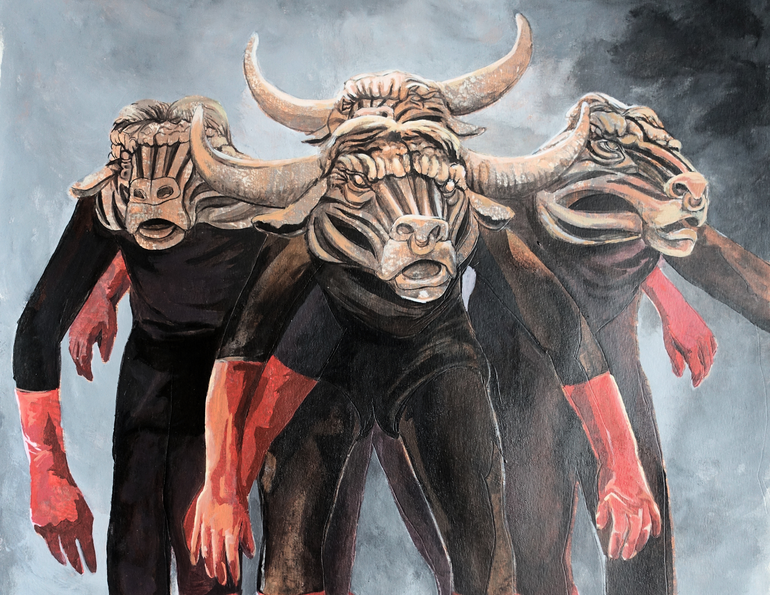 Zeichnung von drei Darstellern mit Stier-Masken 