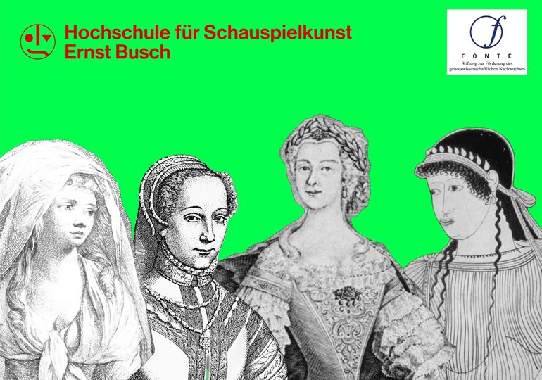 Titelbild der Lesung "Autorinnen der Frühen Neuzeit", Graphische Darstellungen in schwarz-weiß von den Autorinnen Louise Labé, Hedwig Zäunemann, Sophia Albrecht und Sappho vor neongrünem Hintergrund 