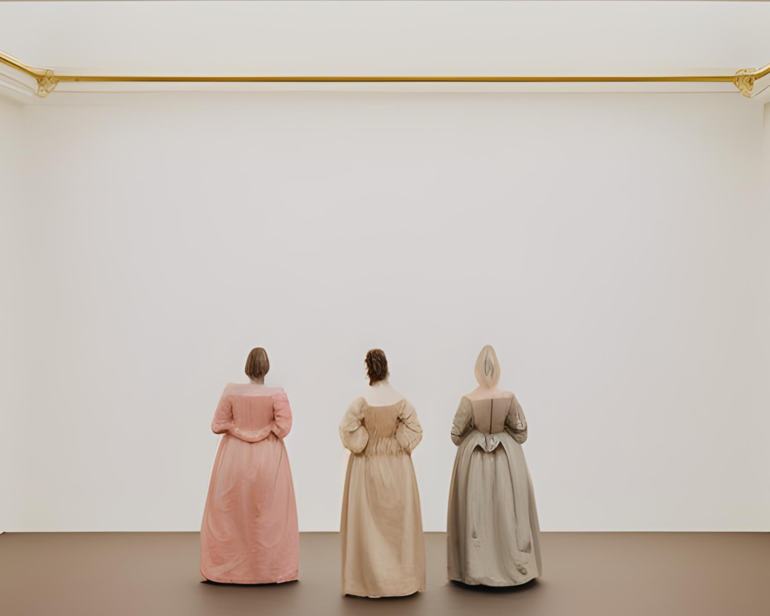 Drei Personen in bodenlangen, pastellfarbenen Kleidern mit dem Rücken zum Betrachter in einem weißen, hellen Raum 