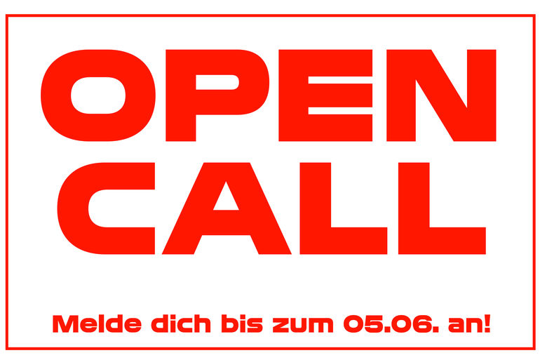Titelbild in roter Schrift und Emoji "bennednes Herz", Warm Up bat - Open Call für das Festival der Studierenden der Ernst Busch und des HZT, Anmeldung bis zum 05.06.2023