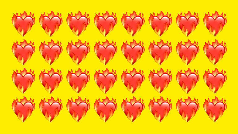 bat Header Header "Warm Up bat", vier Reihen brennender Herz-Emojicons vor gelben Hintergrund