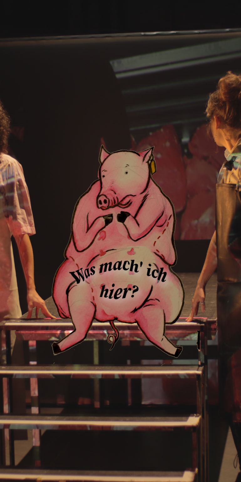 Ein Schwein aus Pappe als Teil der Bühnenkulisse mit der Aufschrift "Was mach' ich hier?".
