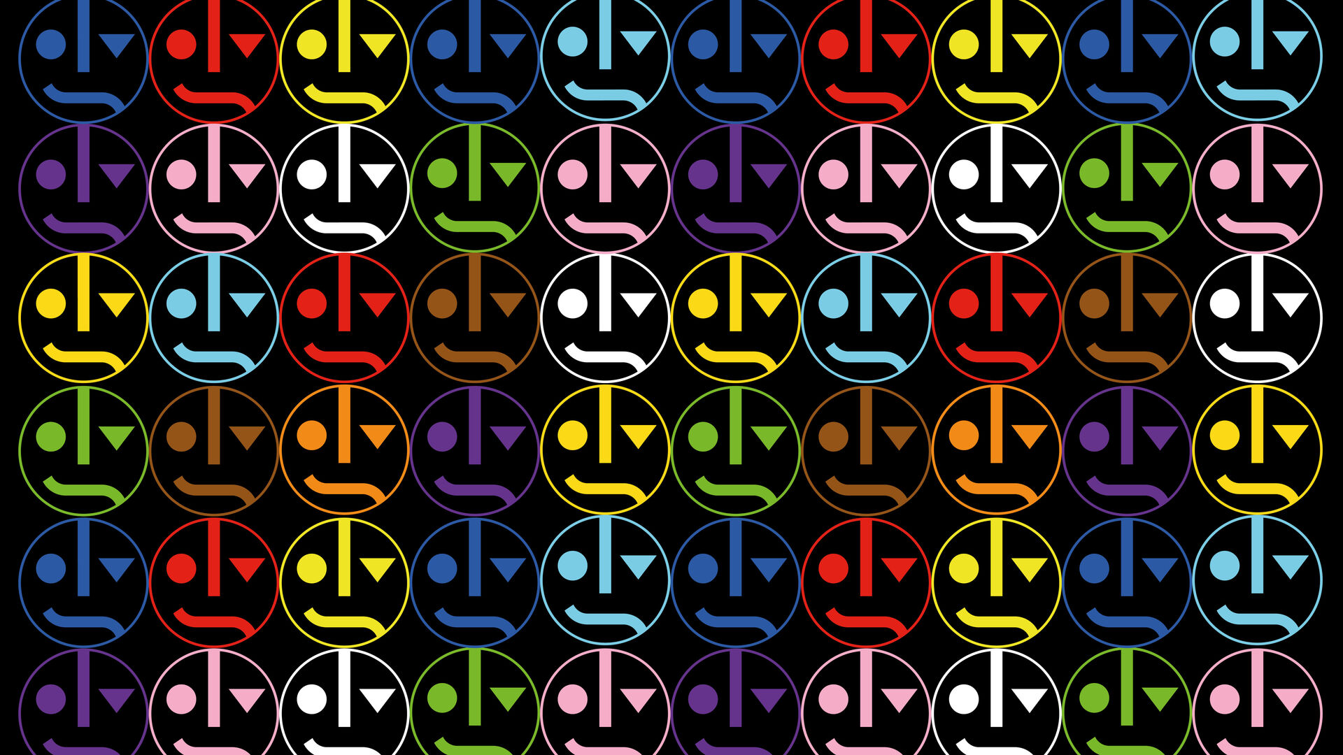 Auf schwarzem Hintergrund sind viele bunte Logos der HfS zu sehen. Das Logo der HfS ist ein Pictogramm und steht für eine Theatermaske, die jeweils zwei Gesichtsausdrücke hat. Die kleinen Logos haben verschieden Gesichtsausdrücke und haben viele unterschiedliche Farben. 