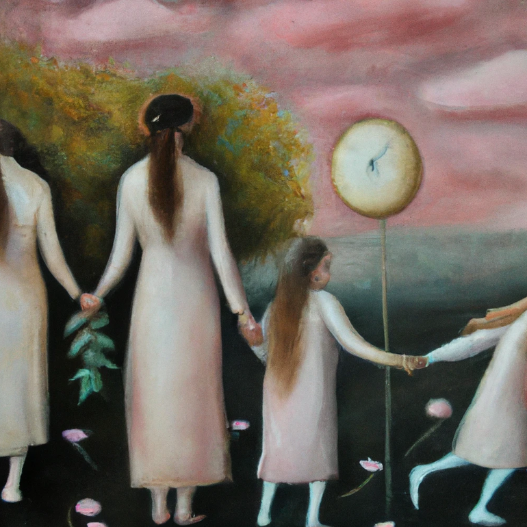 Malerei mit Wald und Wiesen, Rückenansicht von zwei Frauen und zwei Mädchen in weißen Kleidern, eine Standuhr