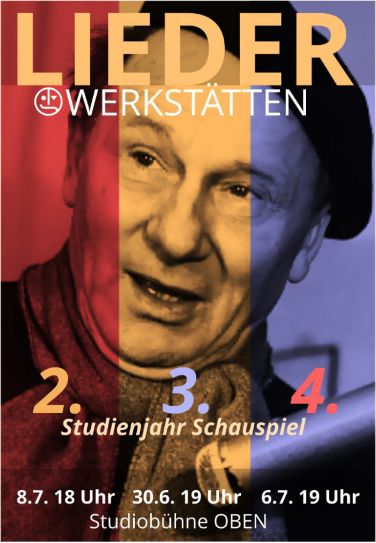 Schriftzug  "Liederwerkstätten" vor rot-gelb-blauen Hintergrund mit Foto von Erst Busch