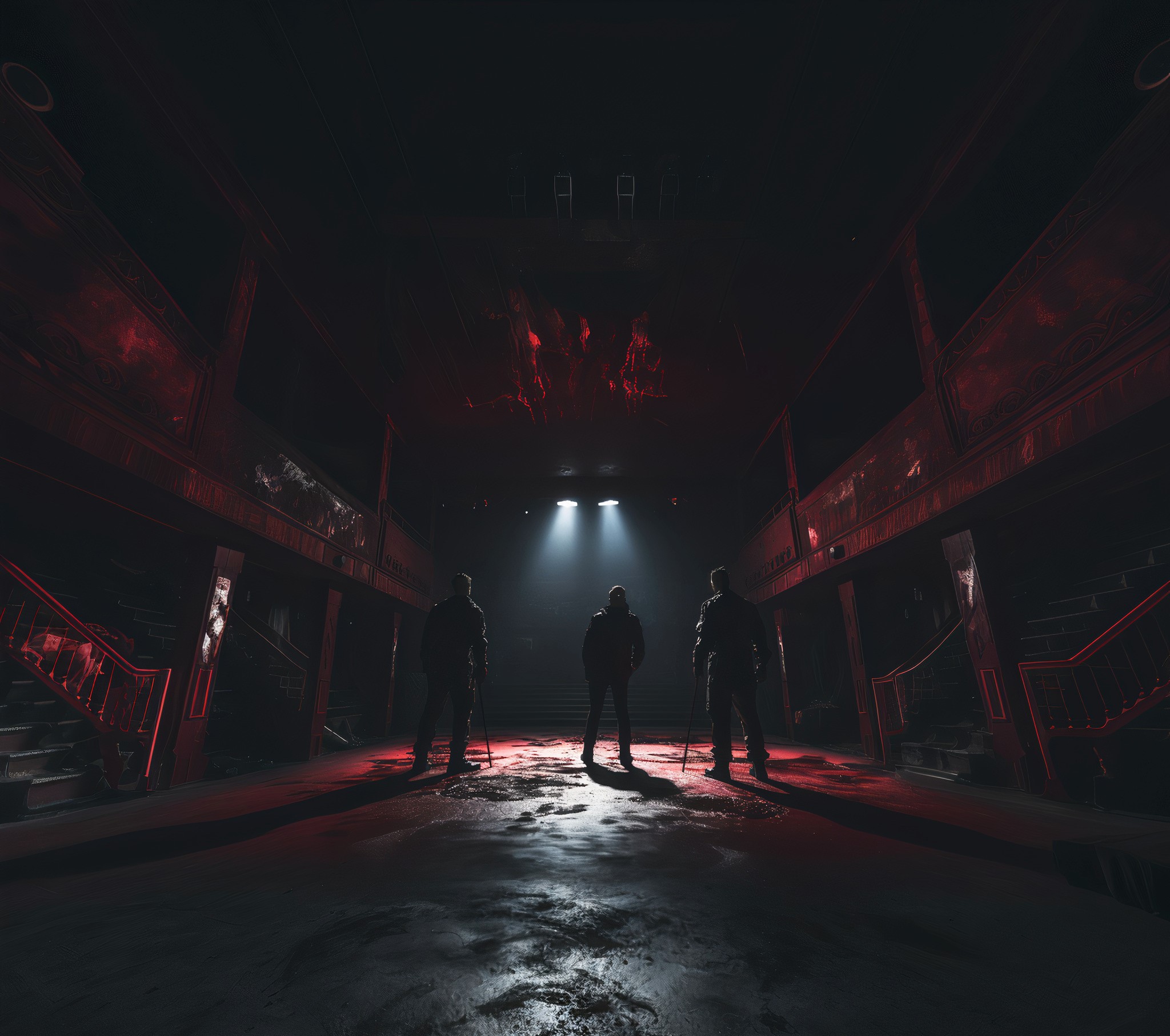 Drei Gestalten auf einer düsteren Bühne, schwarz-rotes Licht